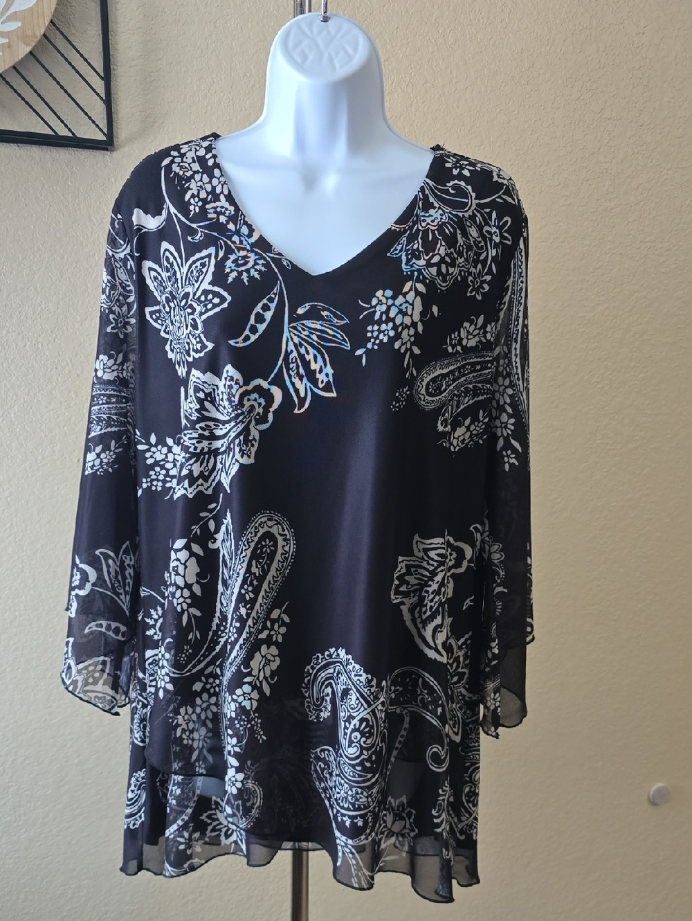 Black Paisley Floral V-Neck Women's Blouse